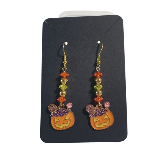 Jack O Lantern Halloween Drop Earrings Beaded Orange Purple Gold Accents Dangle - Picture 1 of 4